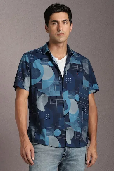 Men Navy Print Half Sleeves Casual Shirt
